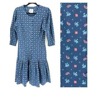 Vintage Byer Too Women's Floral Paisley Print Ruffle Hem Midi Dress Blue Size 7